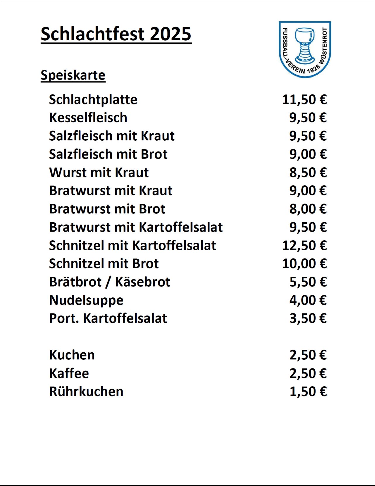 Preisliste Schlachtfest 2025